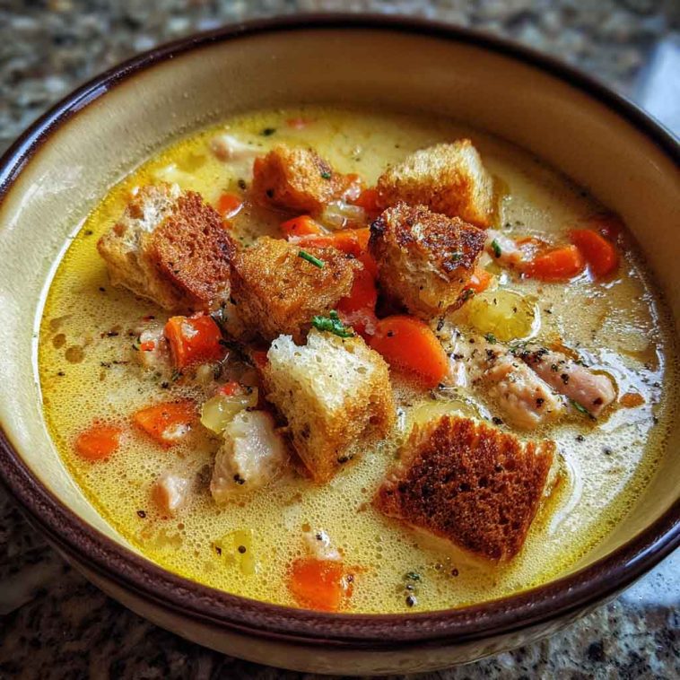 A steaming bowl of Italian Penicillin Soup filled with shredded chicken, pastina, carrots, and herbs in golden broth.