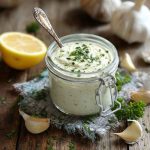 A small bowl of creamy garlic aioli sauce garnished with fresh herbs, surrounded by fries, grilled vegetables, and lemon wedges.