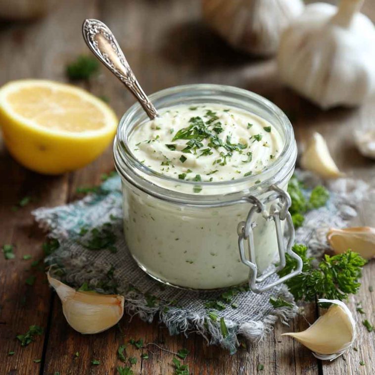 A small bowl of creamy garlic aioli sauce garnished with fresh herbs, surrounded by fries, grilled vegetables, and lemon wedges.