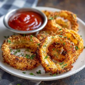 Golden brown crispy keto onion rings stacked on a plate, perfect low-carb snack.