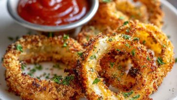 Golden brown crispy keto onion rings stacked on a plate, perfect low-carb snack.