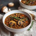 Bowl of vegan lentil mushroom stew with fresh herbs and crusty bread on the side.