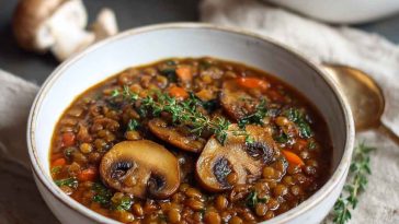 Bowl of vegan lentil mushroom stew with fresh herbs and crusty bread on the side.