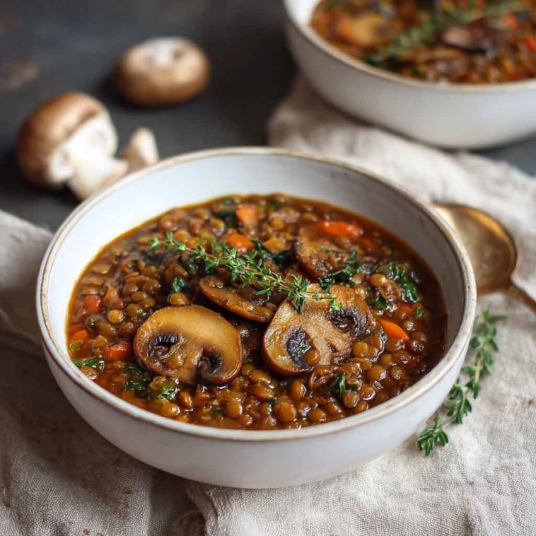Bowl of vegan lentil mushroom stew with fresh herbs and crusty bread on the side.