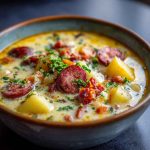 Hearty kielbasa potato soup served in a bowl with chunks of sausage, tender potatoes, and fresh herbs.