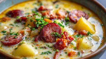 Hearty kielbasa potato soup served in a bowl with chunks of sausage, tender potatoes, and fresh herbs.