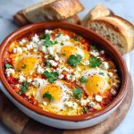 Baked feta eggs in a skillet with cherry tomatoes, herbs, and golden yolks, served with crusty bread.