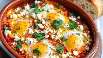Baked feta eggs in a skillet with cherry tomatoes, herbs, and golden yolks, served with crusty bread.