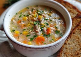 A steaming bowl of Amish Snow Day Soup filled with potatoes, vegetables, and creamy broth, garnished with fresh parsley.