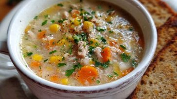 A steaming bowl of Amish Snow Day Soup filled with potatoes, vegetables, and creamy broth, garnished with fresh parsley.
