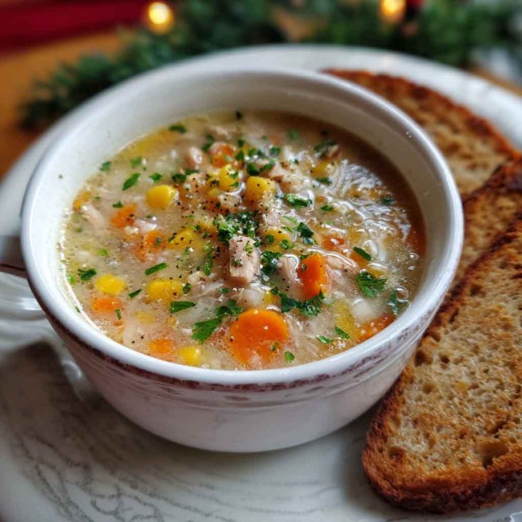 A steaming bowl of Amish Snow Day Soup filled with potatoes, vegetables, and creamy broth, garnished with fresh parsley.
