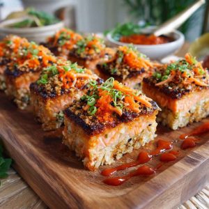 Easy spicy salmon sushi bake layered with rice, creamy spicy salmon, and drizzled with sriracha mayo.
