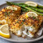 Crispy air fryer parmesan cod fillets with golden breading, served with lemon wedges and fresh herbs.