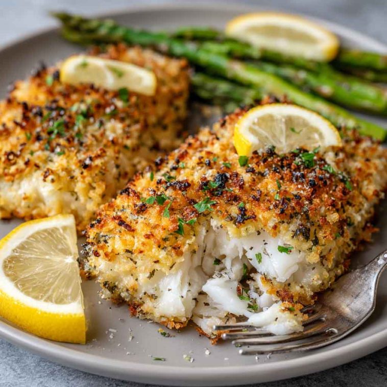 Crispy air fryer parmesan cod fillets with golden breading, served with lemon wedges and fresh herbs.