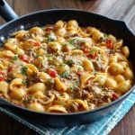 One-pot creamy beef and shells pasta topped with parmesan, served in a skillet with fresh herbs.