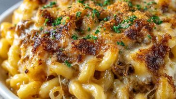 Creamy French onion soup mac & cheese topped with caramelized onions, melted cheese, and fresh thyme in a skillet.