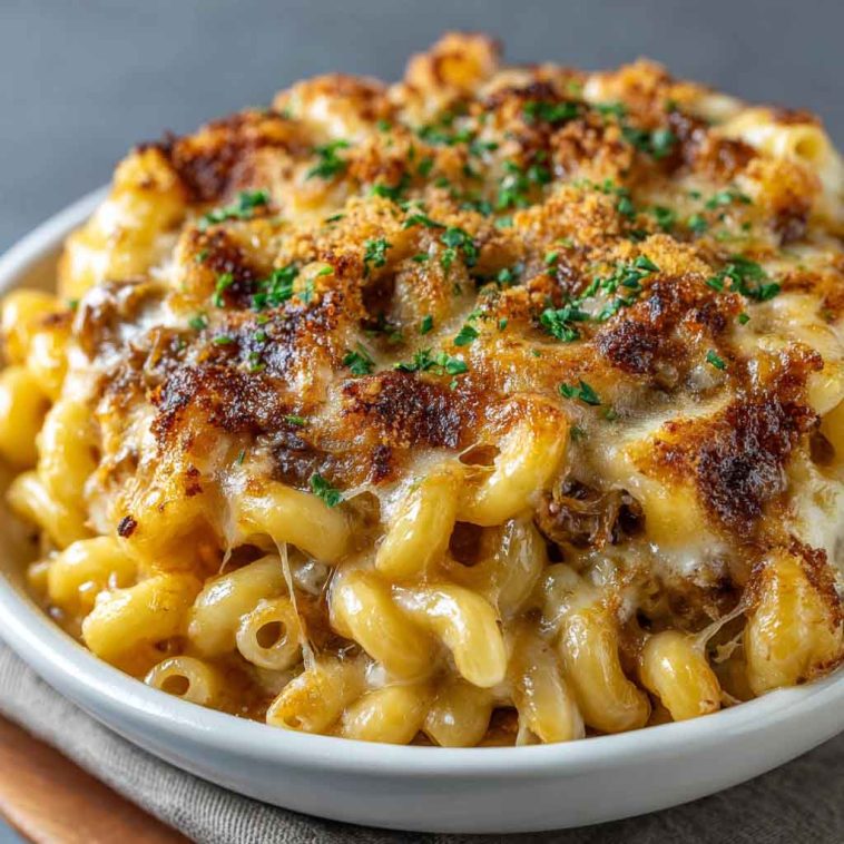 Creamy French onion soup mac & cheese topped with caramelized onions, melted cheese, and fresh thyme in a skillet.