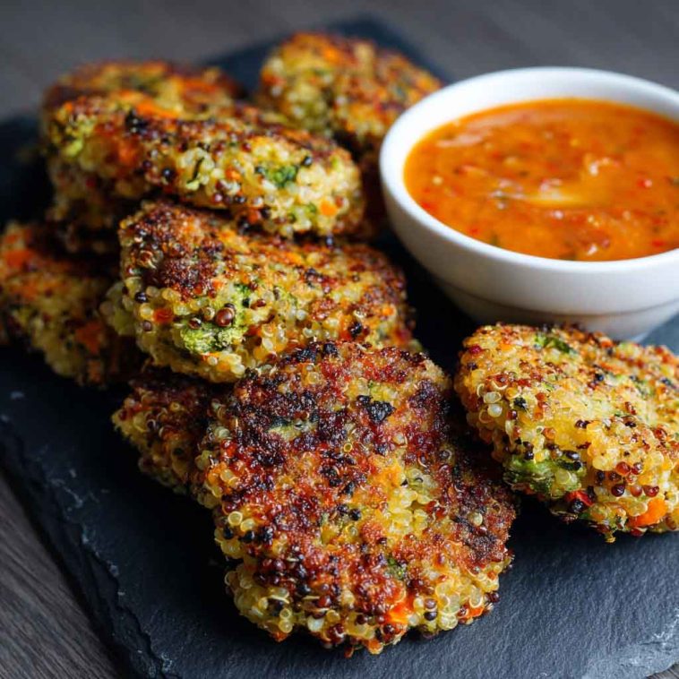 Crunchy quinoa veggie patties stacked on a plate, golden brown with fresh herbs and served with dipping sauce.