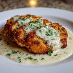 Golden parmesan-crusted chicken served with creamy garlic sauce, garnished with fresh herbs on a rustic plate.