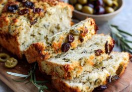 A golden loaf of savory quick bread sliced to reveal chunks of cheese and olives, served with fresh herbs and butter.