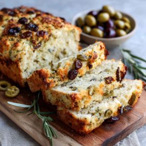 A golden loaf of savory quick bread sliced to reveal chunks of cheese and olives, served with fresh herbs and butter.
