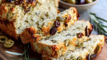 A golden loaf of savory quick bread sliced to reveal chunks of cheese and olives, served with fresh herbs and butter.