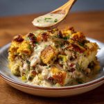 A golden-baked chicken and stuffing casserole with creamy sauce, shredded chicken, and crispy topping, served in a rustic dish.