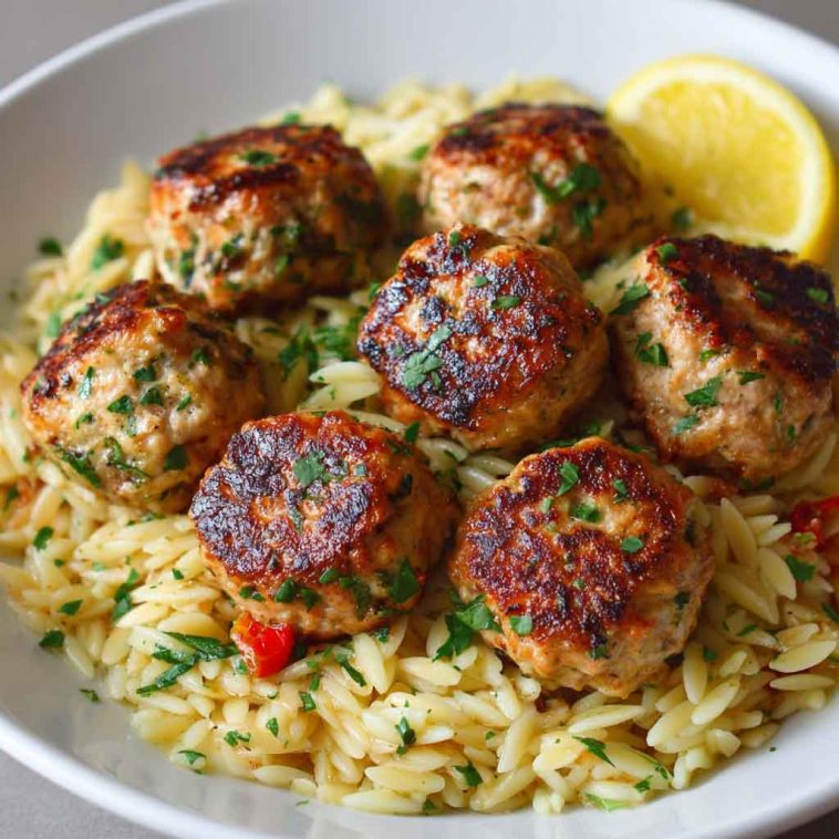 Greek chicken meatballs served over lemon orzo pasta, garnished with fresh herbs and feta cheese.