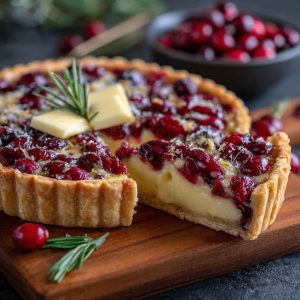 Cranberry brie tart topped with golden puff pastry, melted brie, and festive cranberry sauce, served on a rustic holiday table.