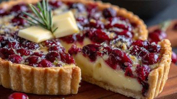 Cranberry brie tart topped with golden puff pastry, melted brie, and festive cranberry sauce, served on a rustic holiday table.