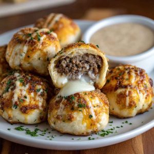Golden cheeseburger bombs brushed with garlic butter and sprinkled with parmesan, served on a platter.
