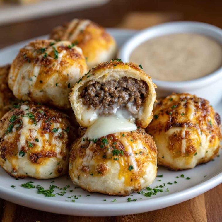 Golden cheeseburger bombs brushed with garlic butter and sprinkled with parmesan, served on a platter.