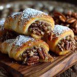 Golden crescent rolls filled with pecan pie filling on a baking tray