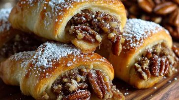 Golden crescent rolls filled with pecan pie filling on a baking tray