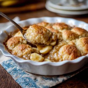 A golden-baked Southern banana cobbler with caramelized banana slices bubbling under a buttery crust, served with vanilla ice cream.