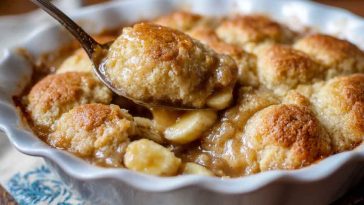 A golden-baked Southern banana cobbler with caramelized banana slices bubbling under a buttery crust, served with vanilla ice cream.