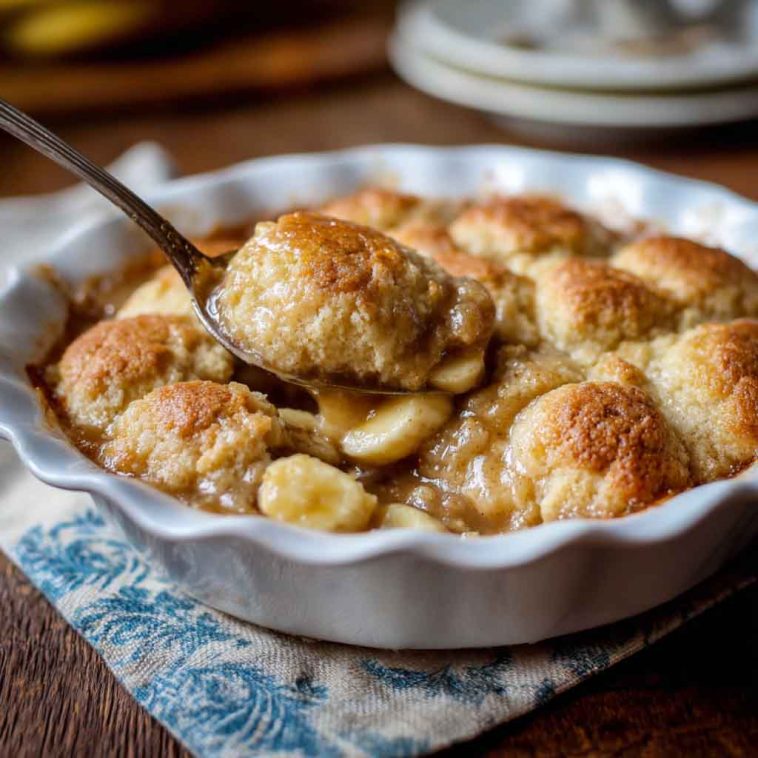 A golden-baked Southern banana cobbler with caramelized banana slices bubbling under a buttery crust, served with vanilla ice cream.
