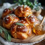 Golden brioche rolls brushed with salted sage honey butter, glistening with a rich glaze and garnished with fresh sage leaves.