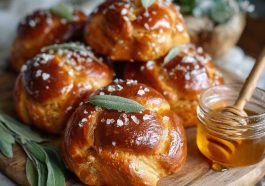 Golden brioche rolls brushed with salted sage honey butter, glistening with a rich glaze and garnished with fresh sage leaves.