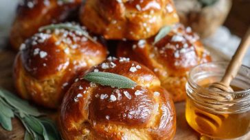 Golden brioche rolls brushed with salted sage honey butter, glistening with a rich glaze and garnished with fresh sage leaves.