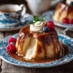 A warm slice of Malvern pudding with tender baked apples and creamy custard, topped with golden caramelized sugar.
