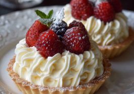 Mini tartlets filled with silky white chocolate mousse, topped with fresh berries and edible flowers on a porcelain tray.