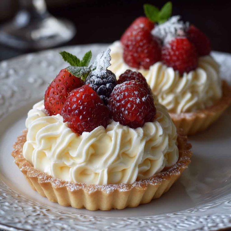 Mini tartlets filled with silky white chocolate mousse, topped with fresh berries and edible flowers on a porcelain tray.