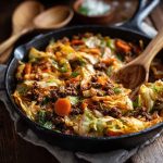 One-pan beef and cabbage sautéed with onions and herbs in a skillet, ready to serve.