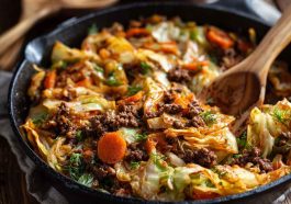 One-pan beef and cabbage sautéed with onions and herbs in a skillet, ready to serve.
