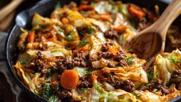 One-pan beef and cabbage sautéed with onions and herbs in a skillet, ready to serve.