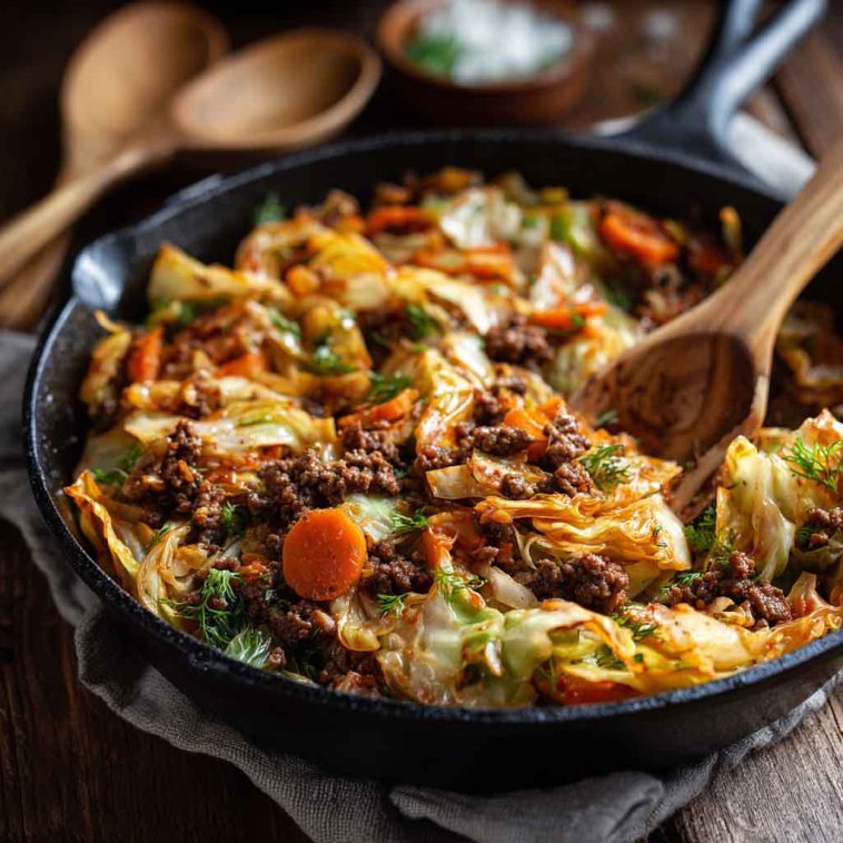 One-pan beef and cabbage sautéed with onions and herbs in a skillet, ready to serve.