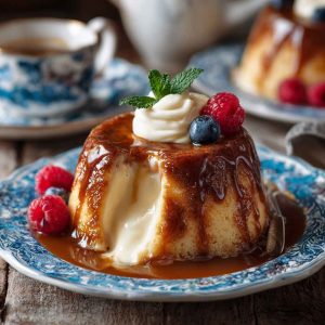 A warm slice of Malvern pudding with tender baked apples and creamy custard, topped with golden caramelized sugar.