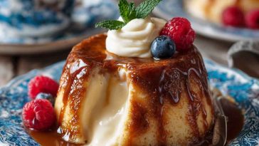 A warm slice of Malvern pudding with tender baked apples and creamy custard, topped with golden caramelized sugar.