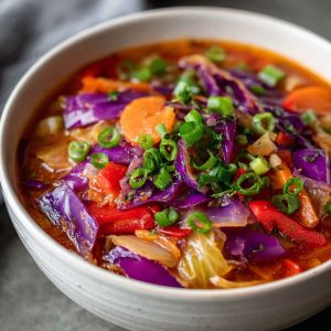 Bowl of cabbage fat burning soup with carrots, celery, and tomatoes, garnished with fresh parsley.